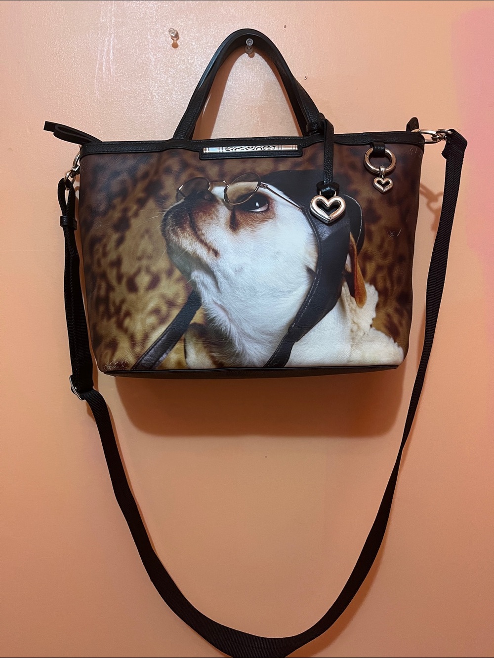 Brighton Bag Brown Dog Print Travel Tote with Heart Charms